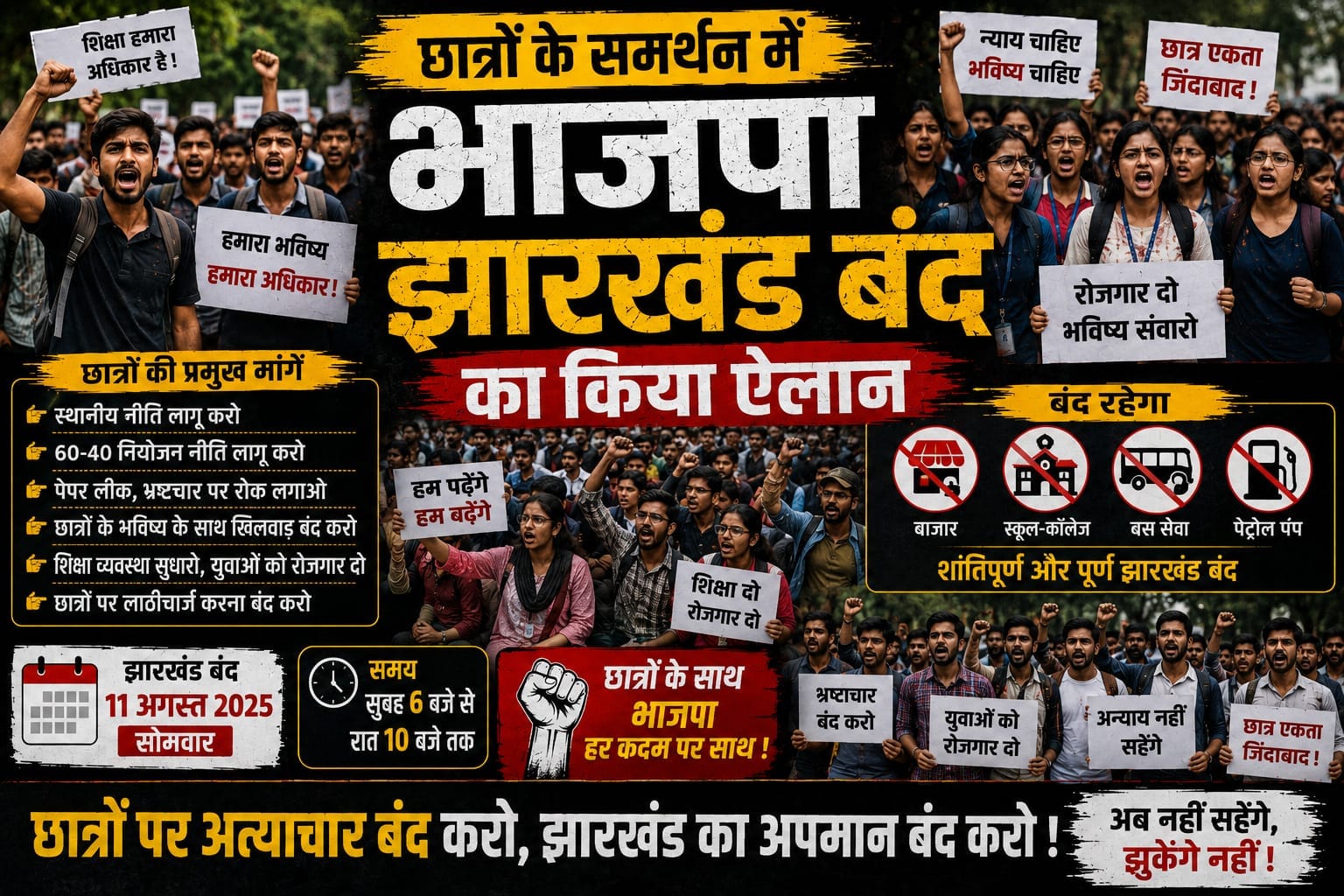 झारखंड प्रदर्शन : छात्रों के समर्थन में उतरी भाजपा, 11 अगस्त को रांची बंद का किया आव्हान