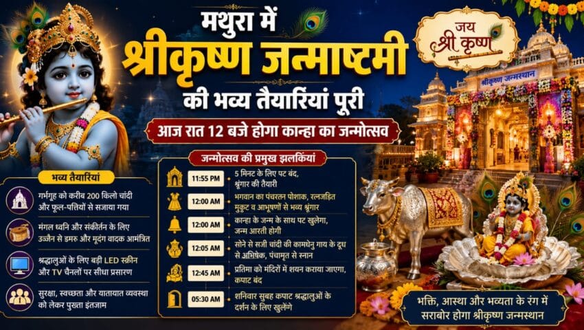 मथुरा में श्रीकृष्ण जन्माष्टमी की भव्य तैयारियां पूरी, मध्यरात्रि में होगा कान्हा का जन्मोत्सव
